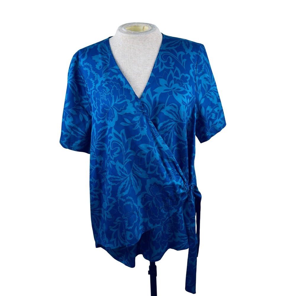 AnyBody Women Blue Floral Modal Wrap Top V-Neck Short Sleeve Blouse Large